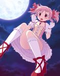  blush cloud error full_moon gloves hair_ribbon highres kaname_madoka magical_girl mahou_shoujo_madoka_magica md5_mismatch moon night night_sky open_mouth panties pantyshot pink_eyes pink_hair ribbon shoes short_twintails sky solo star_(sky) starry_sky twintails underwear white_gloves white_panties yamasan 