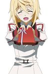  blonde_hair charlotte_dunois closed_eyes gift highres holding holding_gift incoming_gift infinite_stratos open_mouth school_uniform solo 