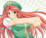  alternate_eye_color bad_id bad_pixiv_id beret blush braid breasts clenched_hand green_eyes hat honeycomb_(pattern) honeycomb_background hong_meiling large_breasts long_hair punching red_hair smile solo star touhou twin_braids upper_body yatsune_rika 