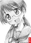  :d glasses gofu greyscale head_tilt long_hair monochrome open_mouth sakura_kiyomi school_uniform serafuku shinryaku!_ikamusume sketch smile solo spot_color traditional_media twintails 