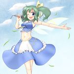  ;d adapted_costume armpits bare_shoulders blue_hair breasts cloud daiyousei day edamame_(barium) fairy_wings green_hair hair_ribbon medium_breasts microphone midriff navel older one_eye_closed open_mouth outstretched_arm ribbon side_ponytail skirt sky smile solo touhou wind wings 