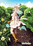  animal_ears brown_eyes bug butterfly cat_ears dress flower gen_4_pokemon highres insect kristin_soltau leaf leafeon lipstick long_hair makeup multicolored_hair personification pokemon ribbon smile solo summer tail thighhighs 