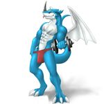  bulge claws digimon dragon exercise exveemon face_markings fangs grin horns looking_at_viewer male markings muscles presenting red_eyes reptile scalie solo standing tail thong tongue vader-san weights wings working_out xbuimonsama 