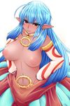  ahoge areolae armlet bad_id bad_pixiv_id blue_hair breasts collarbone detached_sleeves earrings elf hands_on_hips jewelry konoe_(roaroaroa) large_breasts long_hair navel necklace nipples original pointy_ears red_eyes simple_background skirt solo tears topless wavy_mouth 