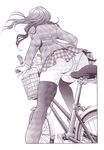  ass basket bicycle bicycle_basket blazer daikon floating_hair from_behind groceries ground_vehicle jacket katayama_makoto long_sleeves miniskirt monochrome original panties pantyshot pantyshot_(sitting) plaid plaid_skirt pleated_skirt riding school_uniform simple_background sitting skirt solo spring_onion thighhighs underwear upskirt 