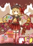  alternate_color apple bad_hands bad_id bad_pixiv_id blonde_hair bow cake dress expressionless flandre_scarlet food fruit garters hat highres jaku_sono over-kneehighs pillow pink_legwear red_eyes remilia_scarlet short_hair side_ponytail solo stuffed_animal stuffed_toy teddy_bear thighhighs touhou wings 