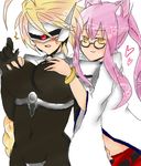  :3 ahoge animal_ears bad_id bad_pixiv_id blazblue blonde_hair braid breast_grab breasts cat_ears glasses grabbing kokonoe lambda-11 large_breasts multiple_girls pink_hair visor yellow_eyes 