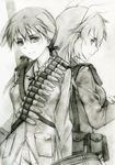  animal_ears back-to-back bad_id bad_pixiv_id bandolier bunny_ears charlotte_e_yeager gertrud_barkhorn highres kisetsu long_hair military military_uniform monochrome multiple_girls panties sketch strike_witches traditional_media twintails underwear uniform world_witches_series 