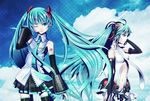  aqua_eyes aqua_hair bad_id bad_pixiv_id bridal_gauntlets cloud detached_sleeves dual_persona elbow_gloves gloves hatsune_miku hatsune_miku_(append) headset long_hair navel necktie one_eye_closed shin_psalm skirt sky smile thighhighs twintails very_long_hair vocaloid vocaloid_append 