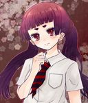  ao_no_exorcist blush eyebrows hime_eyebrows kamiki_izumo necktie purple_hair school_uniform tie twintails 