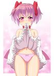  blush bow dress dress_in_mouth dress_lift flat_chest hair_bow highres kaname_madoka kuri_youkan magical_girl mahou_shoujo_madoka_magica mouth_hold navel nipples panties pink_hair pink_panties purple_eyes short_twintails solo twintails underwear 