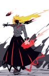  abs bad_id bad_pixiv_id banned_artist blonde_hair chain chikage_(kinokodou) clenched_hand cuffs cup demon_form fire flame glowing glowing_eyes horn hoshiguma_yuugi light_trail long_hair long_skirt muscle red_eyes sakazuki skirt solo throwing torn_clothes touhou very_long_hair 