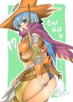  1girl armlet ass ass_biting banjo_(technistep) belt biting blue_hair blue_panties breasts capelet cowboy_hat giggi green_eyes hat highres long_hair looking_down medium_breasts monster_hunter monster_hunter_portable_3rd open_mouth panties tail tail_wagging underboob underwear western wroggi_(armor) 