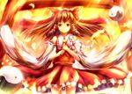  ascot bow brown_eyes brown_hair detached_sleeves feathers gohei hair_bow hair_tubes hakurei_reimu long_hair sakura_ani skirt smile solo touhou yin_yang 