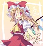  :d ascot bat_wings blonde_hair crystal fang flandre_scarlet hat hat_ribbon looking_at_viewer mob_cap open_mouth puffy_short_sleeves puffy_sleeves red_eyes ribbon satou_kibi short_sleeves side_ponytail smile solo touhou wings yellow_background yellow_neckwear 