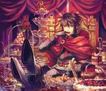  black_hair blueberry cake cape doughnut eating feast feet_on_table flower food fruit gloves highres knife lucas_(pixiv_fantasia) male_focus minami_seira pastry pie pixiv_fantasia pixiv_fantasia_5 red_eyes red_flower red_rose ribbon rose sitting solo strawberry throne tiered_tray trigard_empire 