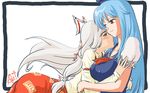  blue_hair bow brown_eyes couple fujiwara_no_mokou hair_bow kamishirasawa_keine lips long_hair multiple_girls red_eyes touhou white_hair yuri yuro 