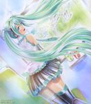  :d bad_id bad_pixiv_id bird can detached_sleeves from_behind green_eyes green_hair hatsune_miku headphones long_hair looking_back marker_(medium) mayo_riyo necktie open_mouth skirt smile soda_can solo thighhighs traditional_media twintails very_long_hair vocaloid 