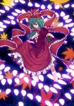  absurdres boots bow danmaku dress frills front_ponytail green_eyes green_hair hair_bow hair_ribbon highres kagiyama_hina leaf ribbon skirt skirt_lift solo tanakana touhou 