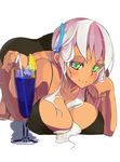 ass barefoot between_breasts blush breast_rest breasts cleavage dark_skin drink drinking_straw eightman food fruit green_eyes hair_ornament hairclip huge_breasts ice ice_cube lemon long_hair multicolored multicolored_eyes multicolored_hair original simple_background smile solo string_bikini white_hair 
