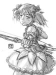  absurdres arrow bow_(weapon) bubble_skirt choker face gloves greyscale highres jewelry kaname_madoka lips looking_at_viewer magical_girl mahou_shoujo_madoka_magica monochrome pendant puffy_sleeves short_hair short_twintails simple_background sketch skirt solo twintails weapon work_in_progress yoshikawa_kazunori 