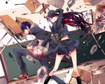  1girl bad_id bad_pixiv_id battle black_hair blue_hair blurry book chair chalkboard classroom crack depth_of_field desk destruction katana kneehighs lens_flare long_hair midriff moanakana notebook original purple_hair red_eyes school school_uniform sheath skirt sword tiles translated unsheathing weapon 