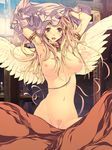  :d angel angel_wings armlet armpits arms_up atashi_no_kakedashi_yuusha-sama blanket blonde_hair blush breasts breasts_apart candle earrings feathered_wings grey_eyes groin head_wreath highres jewelry lantern large_breasts long_hair looking_at_viewer naked_sheet navel necklace nipples nude open_mouth pubic_hair pussy shijimi_(osumashi) smile solo sweat table uncensored undressing white_wings wings 