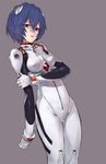  arm_at_side ayanami_rei bangs blue_hair bodysuit bracer breasts clenched_hand cowboy_shot from_side gloves grey_background hair_between_eyes headgear holding_arm legs_together looking_at_viewer neon_genesis_evangelion number pale_skin parted_bangs parted_lips pilot_suit plugsuit red_eyes shirabi short_hair simple_background small_breasts solo turtleneck white_bodysuit 