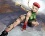  beret blonde_hair blue_eyes boots braid cammy_white fingerless_gloves gloves green_leotard hat jkuo leotard long_hair scar solo squatting street_fighter twin_braids 