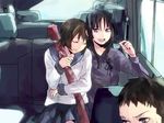  black_hair brown_hair food ga-rei ga-rei_zero isayama_yomi mochako_(motyako) multiple_girls pocky purple_eyes school_uniform smile tsuchimiya_kagura yuri 