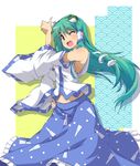  absurdres bare_shoulders bra detached_sleeves frog frog_hair_ornament green_hair hair_ornament hair_tubes hand_on_hip highres kochiya_sanae lingerie long_hair midriff navel one_eye_closed open_mouth paprika_(artist) skirt snake solo thumbs_up touhou underwear very_long_hair yellow_eyes 