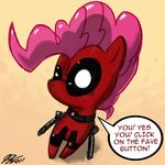  breaking_the_fourth_wall deadpool english_text equine female feral friendship_is_magic hair horse john_joseco mammal marvel mask my_little_pony pink_hair pinkie_pie_(mlp) pinkiepool_(mlp) pony skinsuit solo sword text weapon white_eyes 