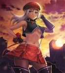  adjusting_hair alisa_ilinichina_amiella bare_shoulders blue_eyes boots breasts building cabbie_hat fingerless_gloves gloves god_eater god_eater_burst hand_on_hip hashi hat long_hair medium_breasts midriff navel pantyhose ruins silver_hair skirt sky solo sun sunset suspender_skirt suspenders thigh_boots thighhighs underboob white_hair 