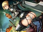  armor ass blonde_hair boned_meat boots eating food garter_straps gauntlets hazuki_(hazu_chaya) lizard meat monster_hunter panties sitting sword thigh_boots thighhighs underwear weapon 