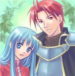  aqua_eyes aqua_hair armor blue_eyes blue_hair couple eirika fire_emblem fire_emblem:_seima_no_kouseki fire_emblem_sacred_stones green happy head_on_shoulder knight leaf leaves long_hair love lowres open_mouth princess red_eyes red_hair seth short_hair smile 