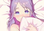  blue_eyes blush face higebu inazuma_eleven inazuma_eleven_(series) kudou_fuyuka long_hair looking_at_viewer lying pillow pillow_hug purple_hair solo 