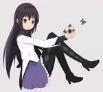  akemi_homura bad_id bad_pixiv_id black_hair black_hairband blue_eyes boots bug butterfly coop_(coupon123) full_body grief_seed hairband high_heels insect long_hair long_sleeves mahou_shoujo_madoka_magica outstretched_arm pantyhose purple_eyes purple_skirt shoes simple_background sitting skirt solo thigh_boots thighhighs 