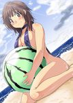  amagami beach breasts brown_hair day food fruit holding holding_food holding_fruit large_breasts legs sakurai_rihoko sitting slingshot_swimsuit solo swimsuit thighs utamaro wariza watermelon 