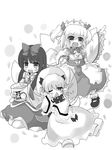  :&lt; :d arm_up bangs blunt_bangs blush bow bucket dress drill_hair fairy_wings greyscale hair_bow long_hair long_sleeves luna_child maid_headdress mary_janes monochrome multiple_girls obi one_eye_closed open_mouth rubbing_eyes sanekazura sash seiza shoes short_twintails sitting smile standing star_sapphire sunny_milk touhou twintails v-shaped_eyebrows wavy_mouth wings yawning 