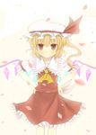  ascot blonde_hair bunchou_(bunchou3103) dress flandre_scarlet hands_on_hips hat highres red_dress red_eyes side_ponytail slit_pupils solo touhou wings 