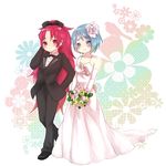  bad_id bad_pixiv_id bare_shoulders blue_eyes blue_hair bouquet bride dress elbow_gloves flower formal gloves groom hair_ornament long_hair mahou_shoujo_madoka_magica miki_sayaka multiple_girls ohina ponytail red_hair sakura_kyouko short_hair smile suit wedding wedding_dress wife_and_wife yuri 