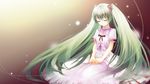  bad_id bad_pixiv_id closed_eyes dress green_hair hair_ribbon hands_on_lap hatsune_miku long_hair ribbon shiramori_yuse sitting smile solo twintails very_long_hair vocaloid white_dress 