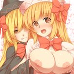 blonde_hair blush breast_grab breasts brown_eyes dual_persona grabbing hat large_breasts lily_black lily_white multiple_girls nipples open_mouth selfcest symbol-shaped_pupils tongue tongue_out touhou tro upper_body yuri 