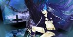  absurdres bikini_top black_hair black_rock_shooter black_rock_shooter_(character) blue_eyes boots burning_eye cannon chain cross flat_chest glowing glowing_eye highres jacket long_hair ph9595 scar short_shorts shorts solo track_jacket very_long_hair 