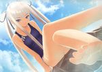  absurdres barefoot feet flat_chest foreshortening highres houmei legs long_hair long_legs one-piece_swimsuit pov_feet purple_eyes shining_(series) shining_wind smile soles solo swimsuit tanaka_takayuki toes twintails water white_hair 