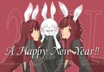  2girls animal_ears blush bunny_ears demosso devola dress emil_(nier) emil_(no.7) female long_hair male multiple_girls new_year nier popola red_eyes red_hair siblings sisters skeleton twins 