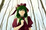  aki_(2000maniacs) bare_tree bow from_below front_ponytail green_eyes green_hair hair_bow kagiyama_hina light_rays sky smile solo sunbeam sunlight touhou tree upper_body 