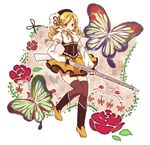  anthony_(madoka_magica) beret blonde_hair bug butterfly drill_hair fingerless_gloves gloves hair_ornament hat insect magical_girl mahou_shoujo_madoka_magica pentagon puffy_sleeves scissors solo striped striped_legwear thighhighs tomoe_mami vertical-striped_legwear vertical_stripes yellow_eyes 