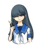  blue_eyes blue_hair blue_sailor_collar denpa_teki_na_kanojo hair_over_one_eye long_hair non-web_source ochibana_ame sailor_collar school_uniform serafuku solo stun_gun upper_body 