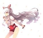  bare_legs bottle bow comic drink floating_hair fujiwara_no_mokou hair_bow hair_ribbon impossible_clothes impossible_shirt long_hair mouth_hold pen petals profile red_eyes ribbon shin_(new) shirt shorts simple_background solo suspenders touhou very_long_hair wavy_hair white_hair 
